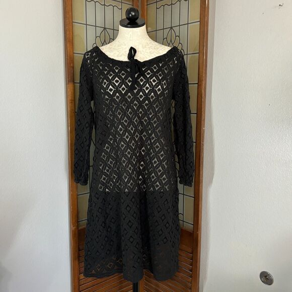 Garnet Hill Black Crochet Lace Swim Suit Cover Up Dress Dark Academia Size 10 - Picture 1 of 12
